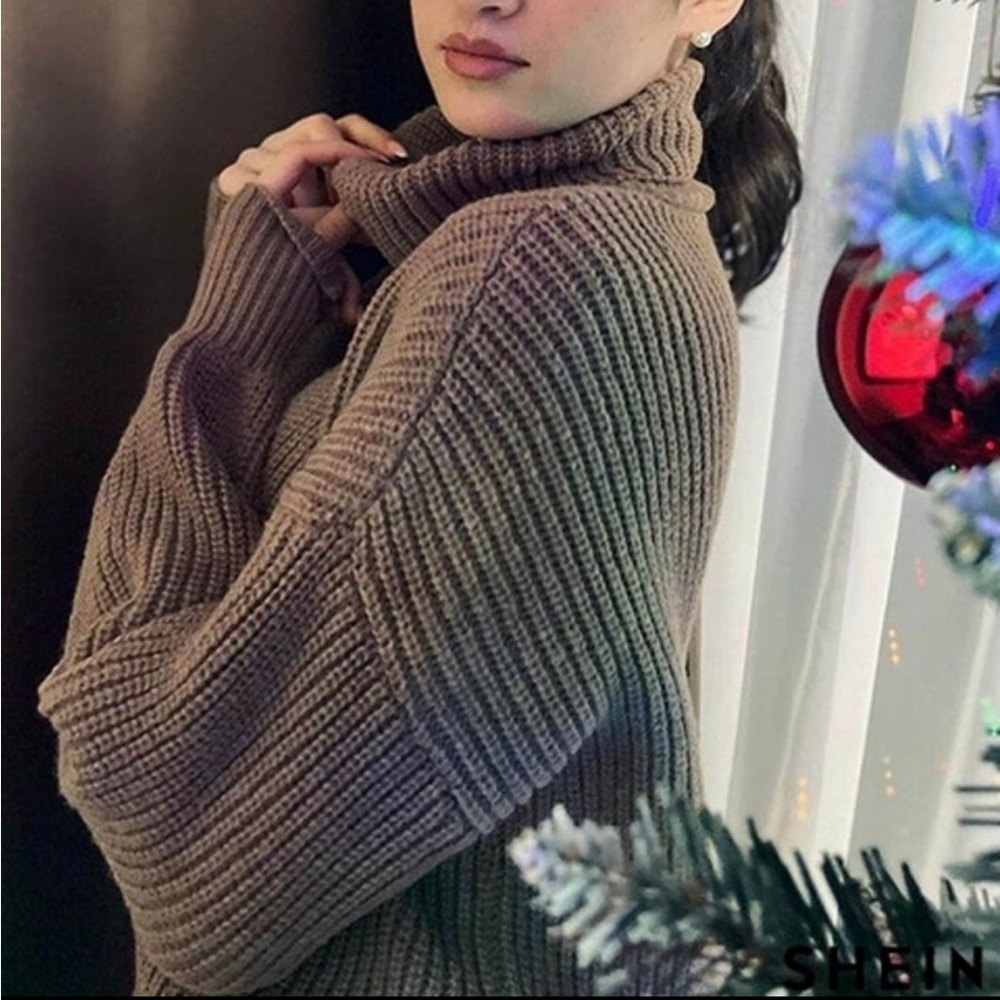 Turtle neck pull over rib knit long sleeve sweater blue - Picture 12 of 15